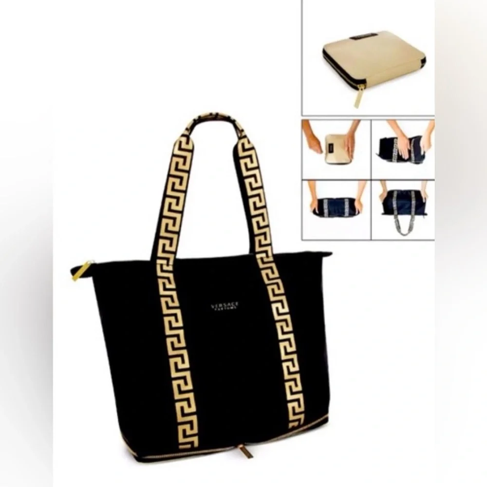 New! Versace Large Black Foldable Weekend Tote with Gold Accents - Picture 3 of 16